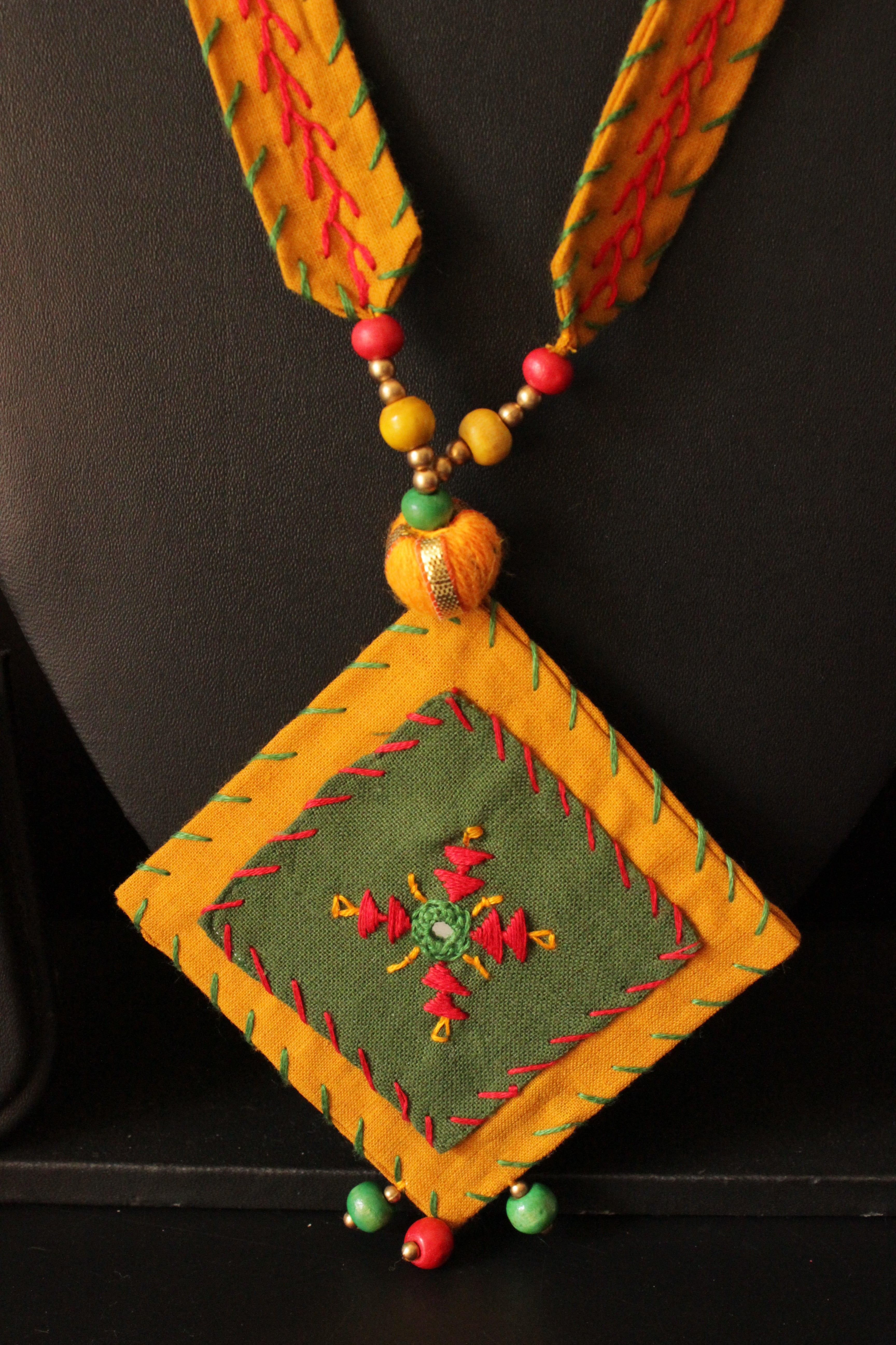 Earthy Yellow and Green Kantha Work Handcrafted Collar Necklace