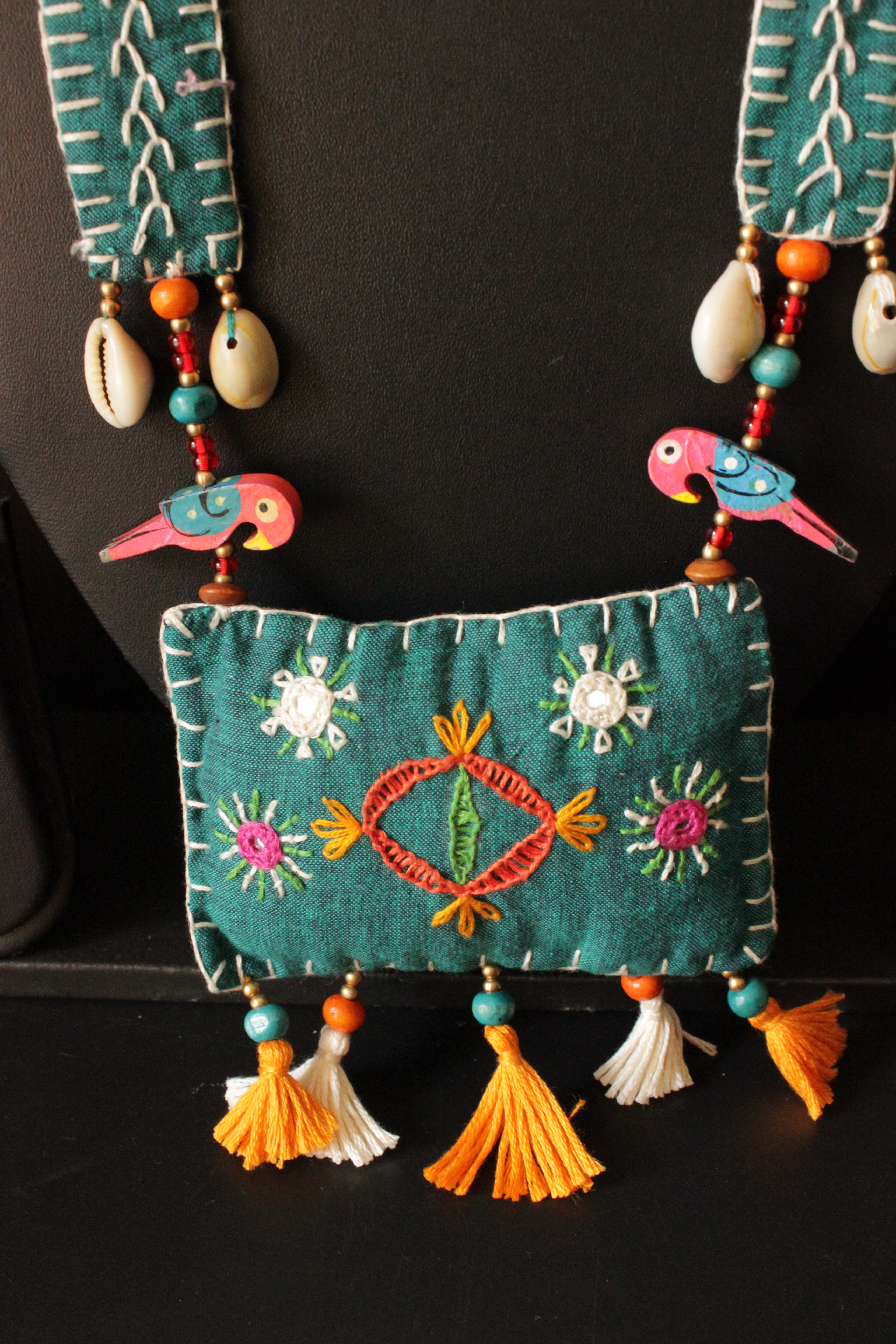 Turquoise Handcrafted Kantha Work Collar Necklace Accentuated with Wooden Parrots