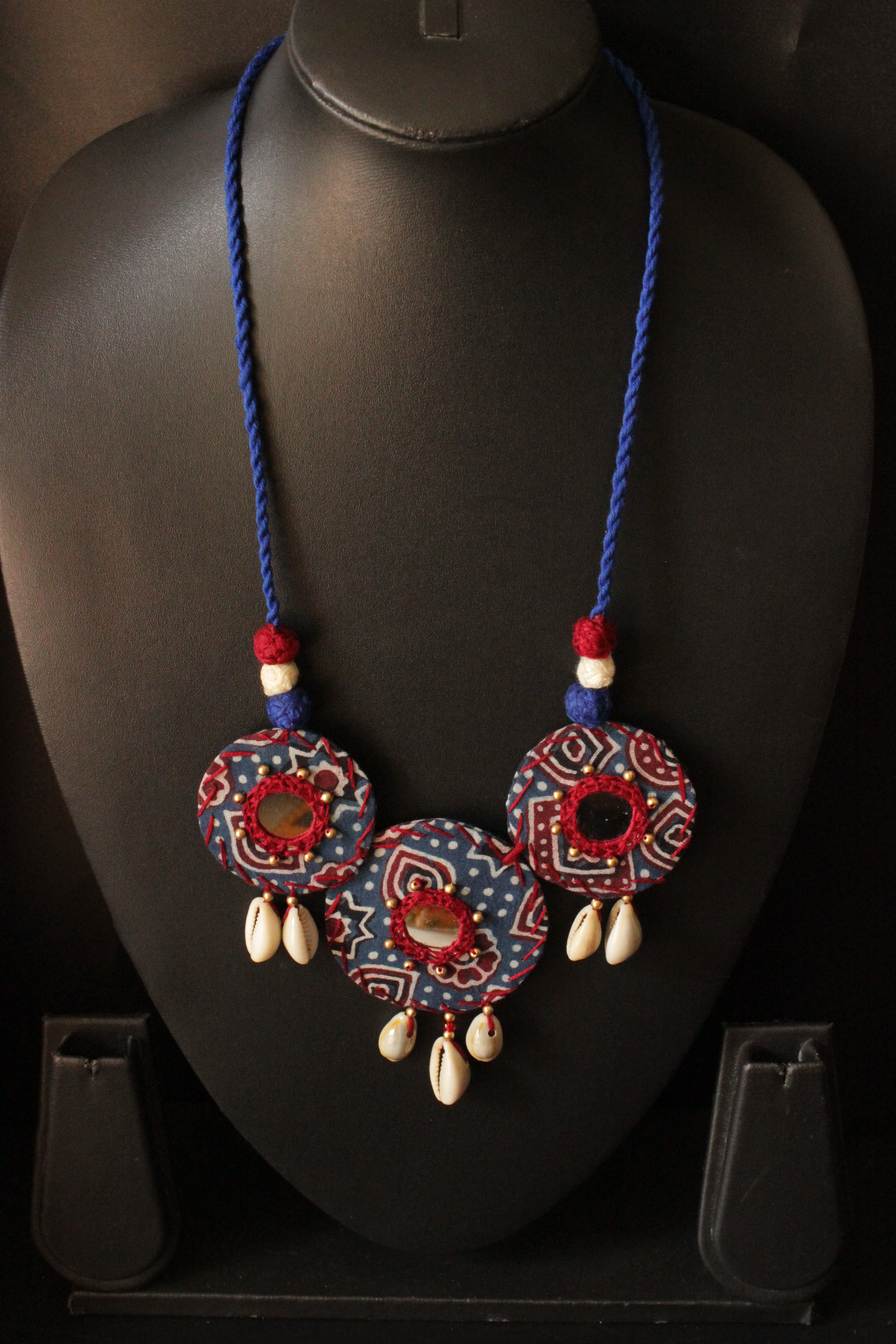 Ajrakh Fabric Cross-Stitched Handcrafted Mirror and Shell Work Necklace
