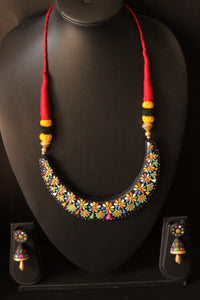 Black and Multi-Color Hand-Painted Flower Motifs Terracotta Clay Adjustable Length Choker Necklace Set