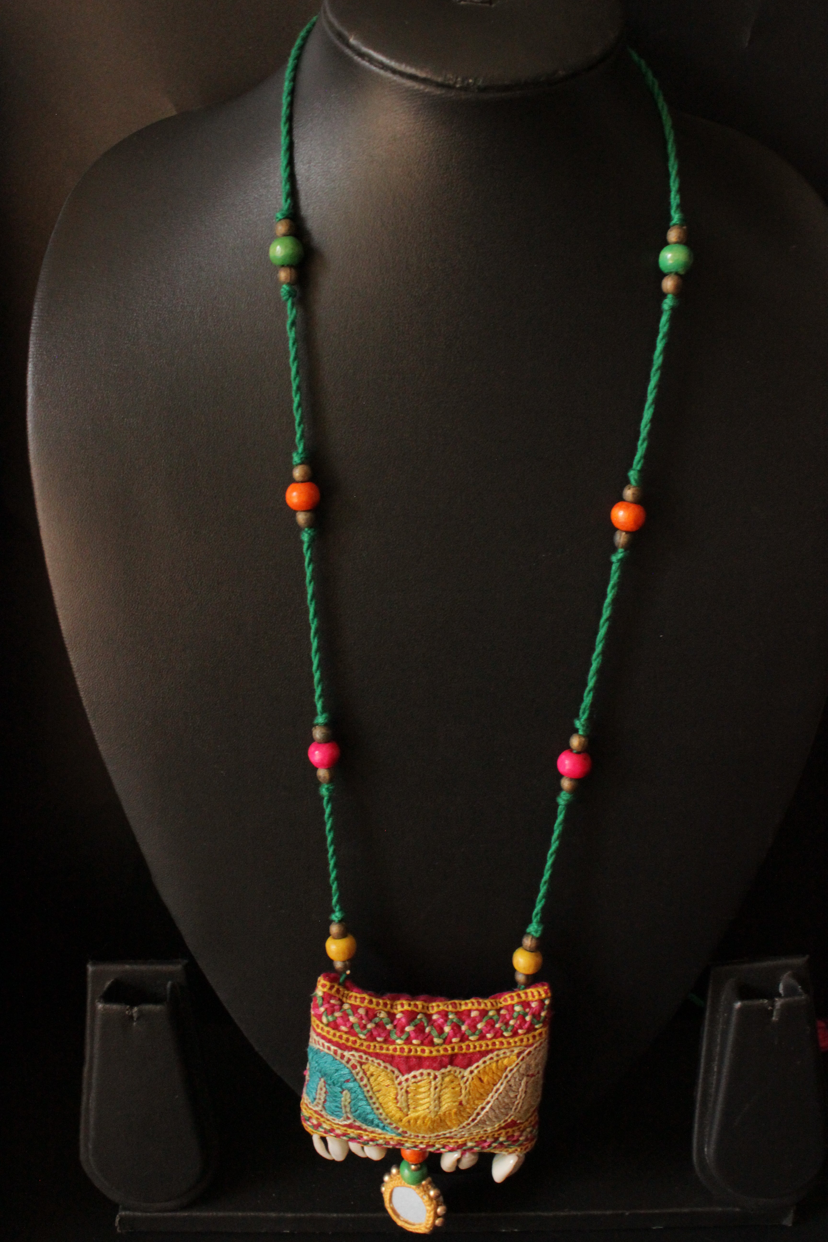 Vibrant Kantha Work Handcrafted Fabric Necklace Embellished with Mirror and Shells