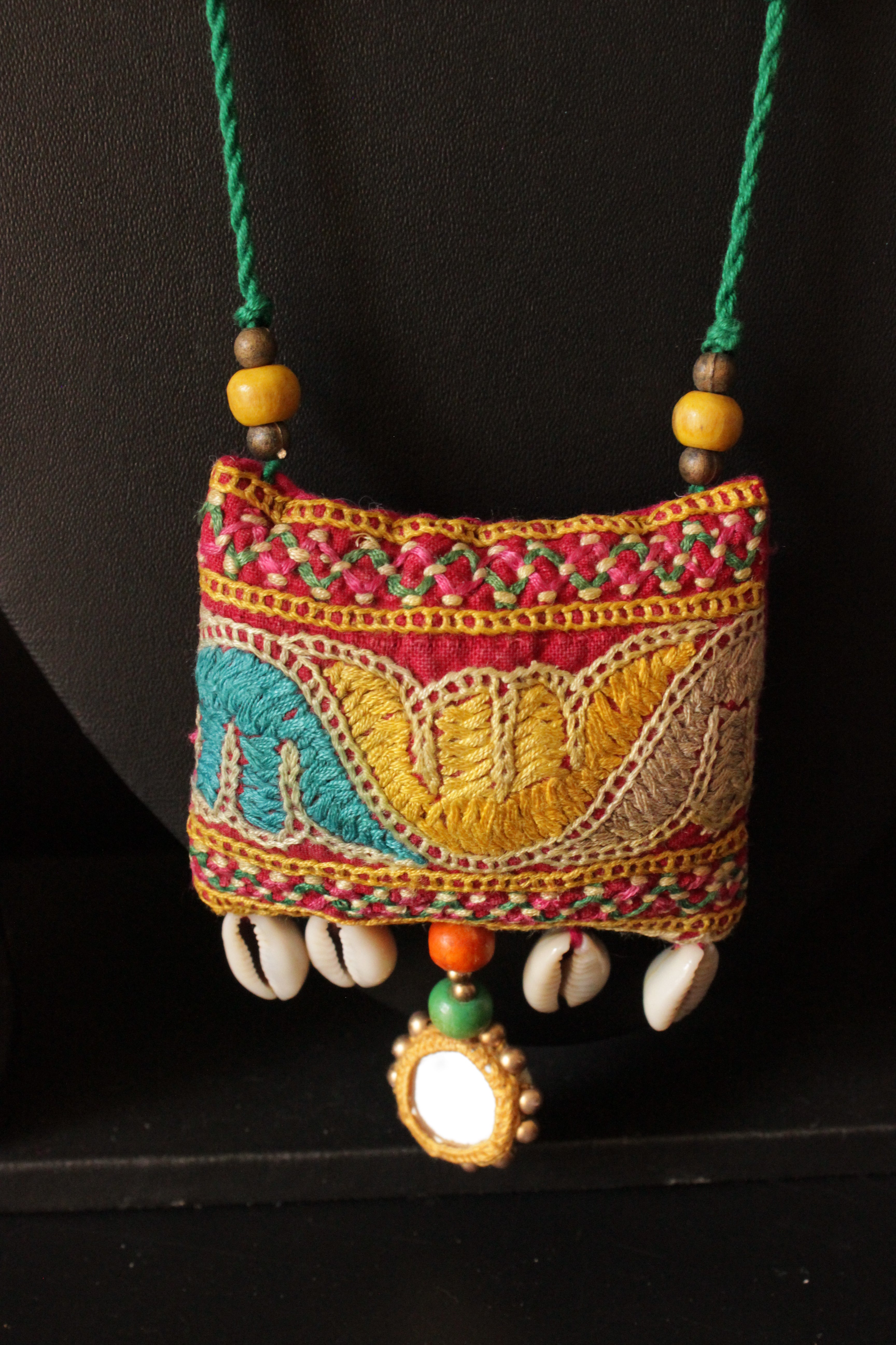 Vibrant Kantha Work Handcrafted Fabric Necklace Embellished with Mirror and Shells