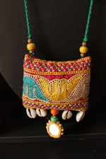 Load image into Gallery viewer, Vibrant Kantha Work Handcrafted Fabric Necklace Embellished with Mirror and Shells
