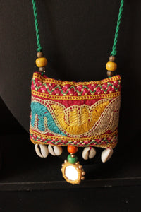 Vibrant Kantha Work Handcrafted Fabric Necklace Embellished with Mirror and Shells