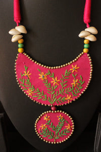 Cross-Stitch Flower and Leaf Motifs Handcrafted Statement Fabric Necklace