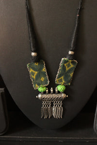 Adjustable Thread Closure Handcrafted Green Necklace with Oxidised Finish Pendant
