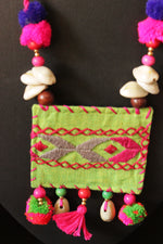 Load image into Gallery viewer, Vibrant Green and Pink Cross-Stitch Handcrafted Necklace Accentuated with Shells
