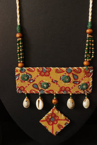 Earthy Mustard Hand Painted Ajrakh Fabric Yellow Statement Pendant Necklace