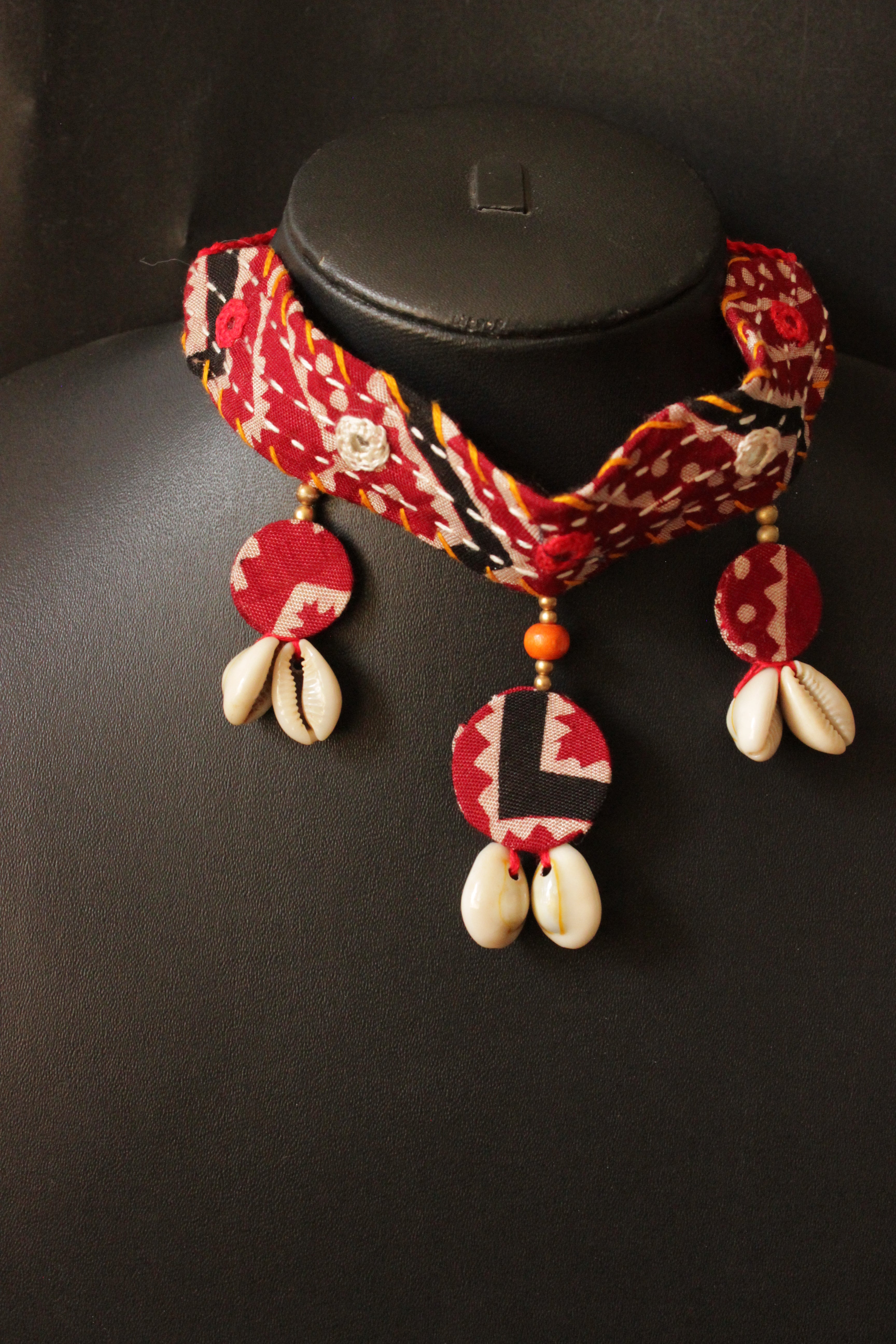 Red and White Kantha Work Handcrafted Fabric Choker Necklace