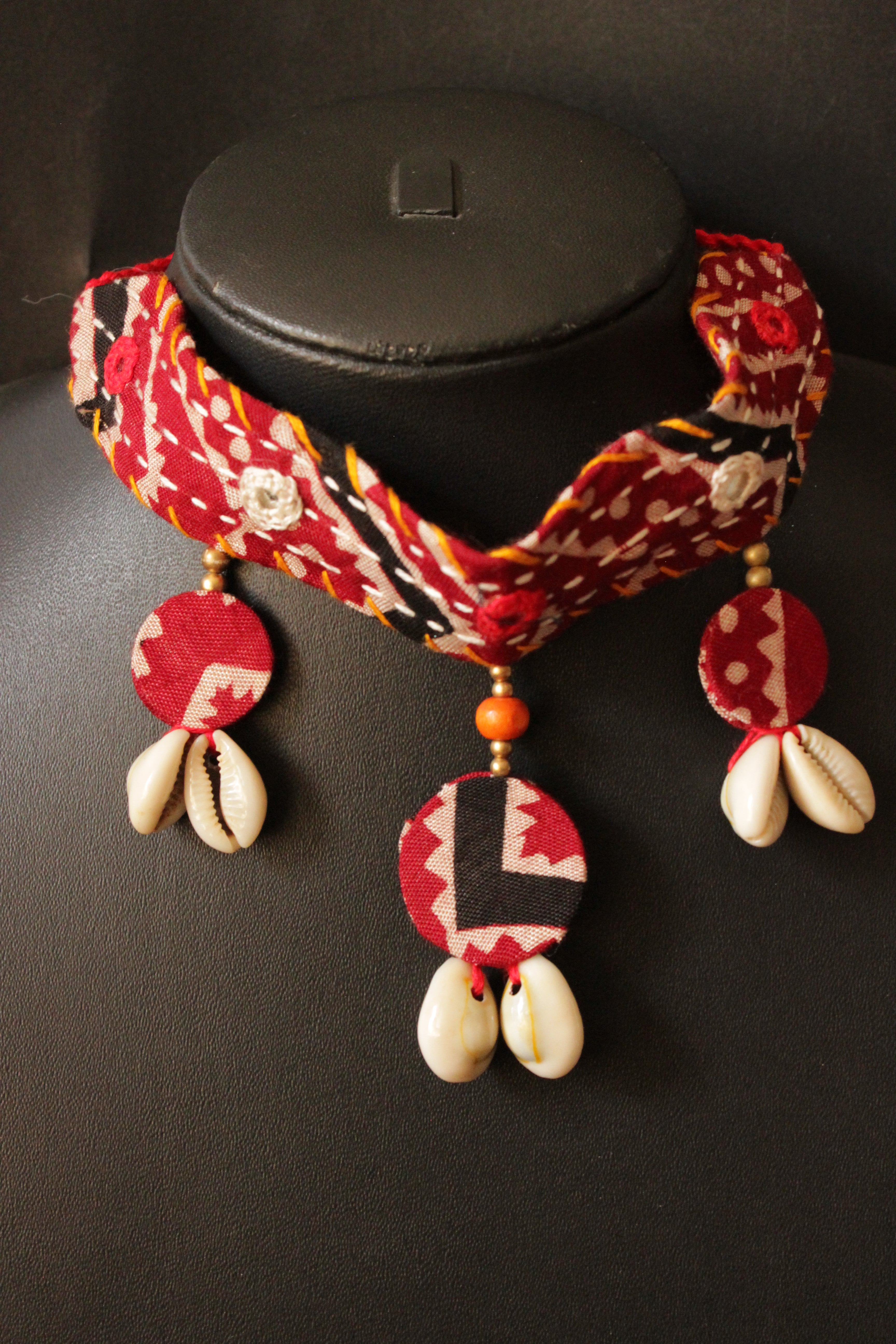 Red and White Kantha Work Handcrafted Fabric Choker Necklace