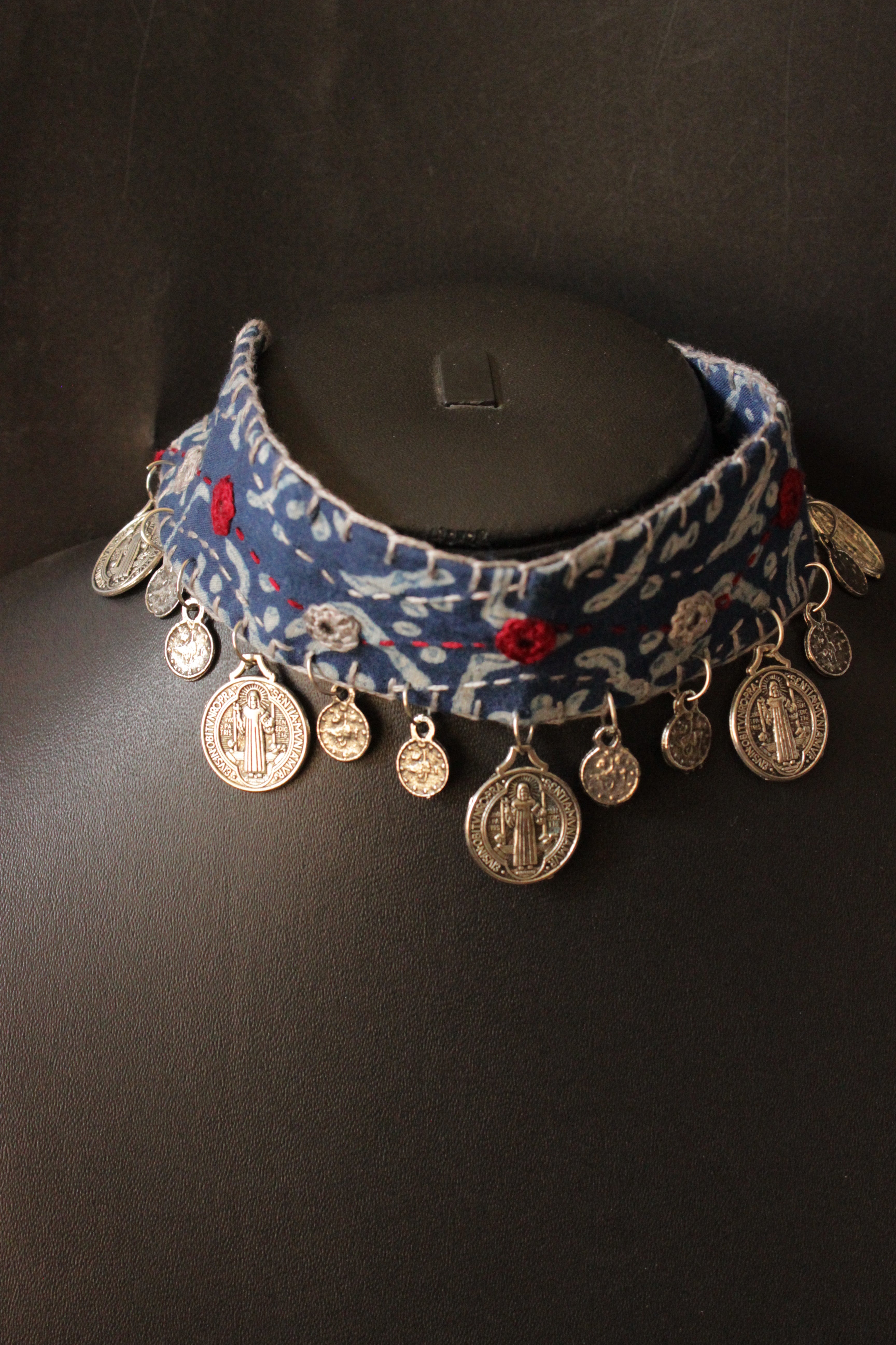 Bagru Printed Natural Dyed Indigo Fabric Choker Necklace Embellished with Stamped Metal Charms