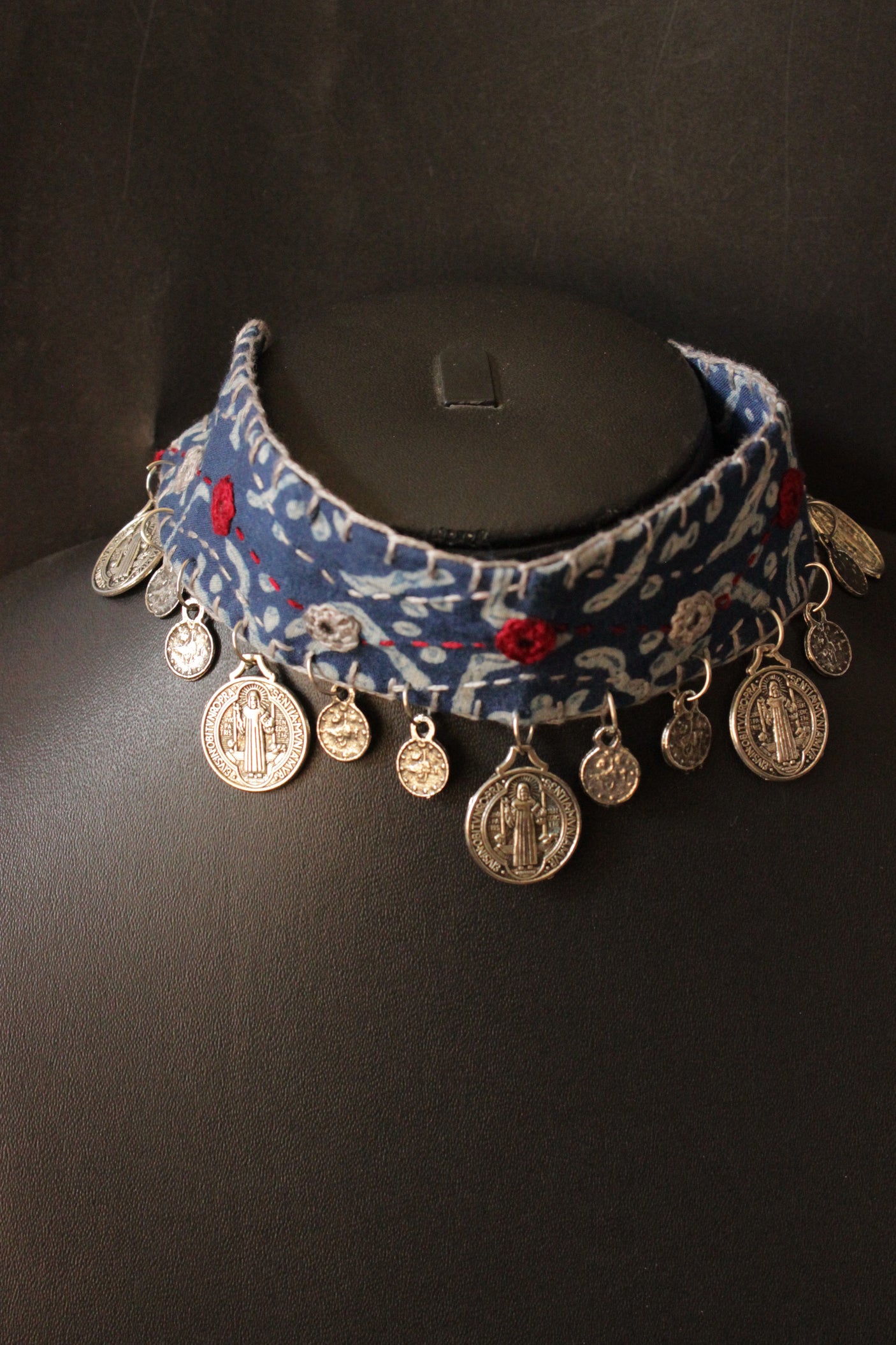 Bagru Printed Natural Dyed Indigo Fabric Choker Necklace Embellished with Stamped Metal Charms