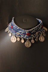 Bagru Printed Natural Dyed Indigo Fabric Choker Necklace Embellished with Stamped Metal Charms