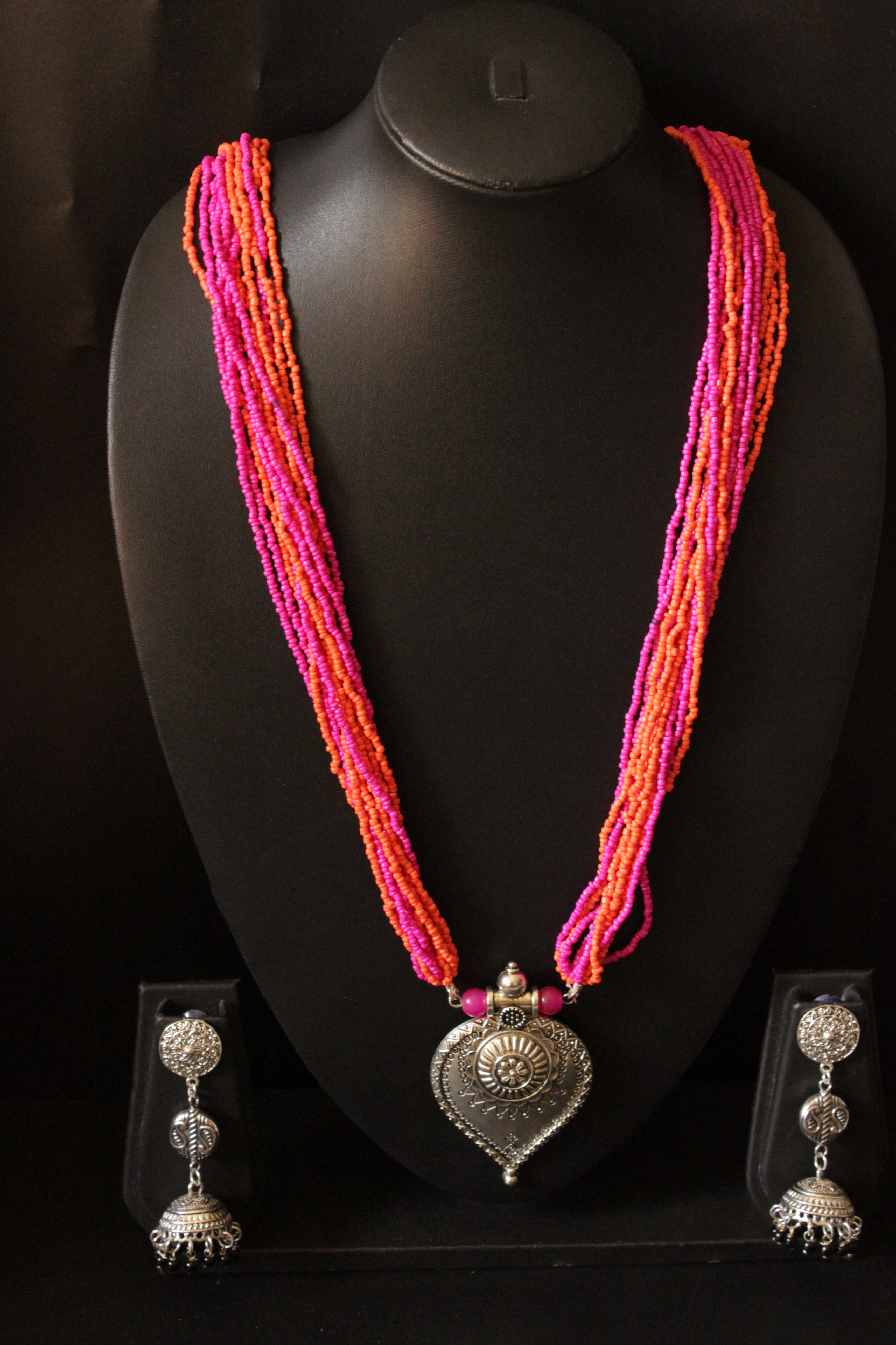 Pink and Orange Beads Hand Beaded Necklace Set with Jhumka Earrings