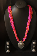 Load image into Gallery viewer, Pink and Orange Beads Hand Beaded Necklace Set with Jhumka Earrings
