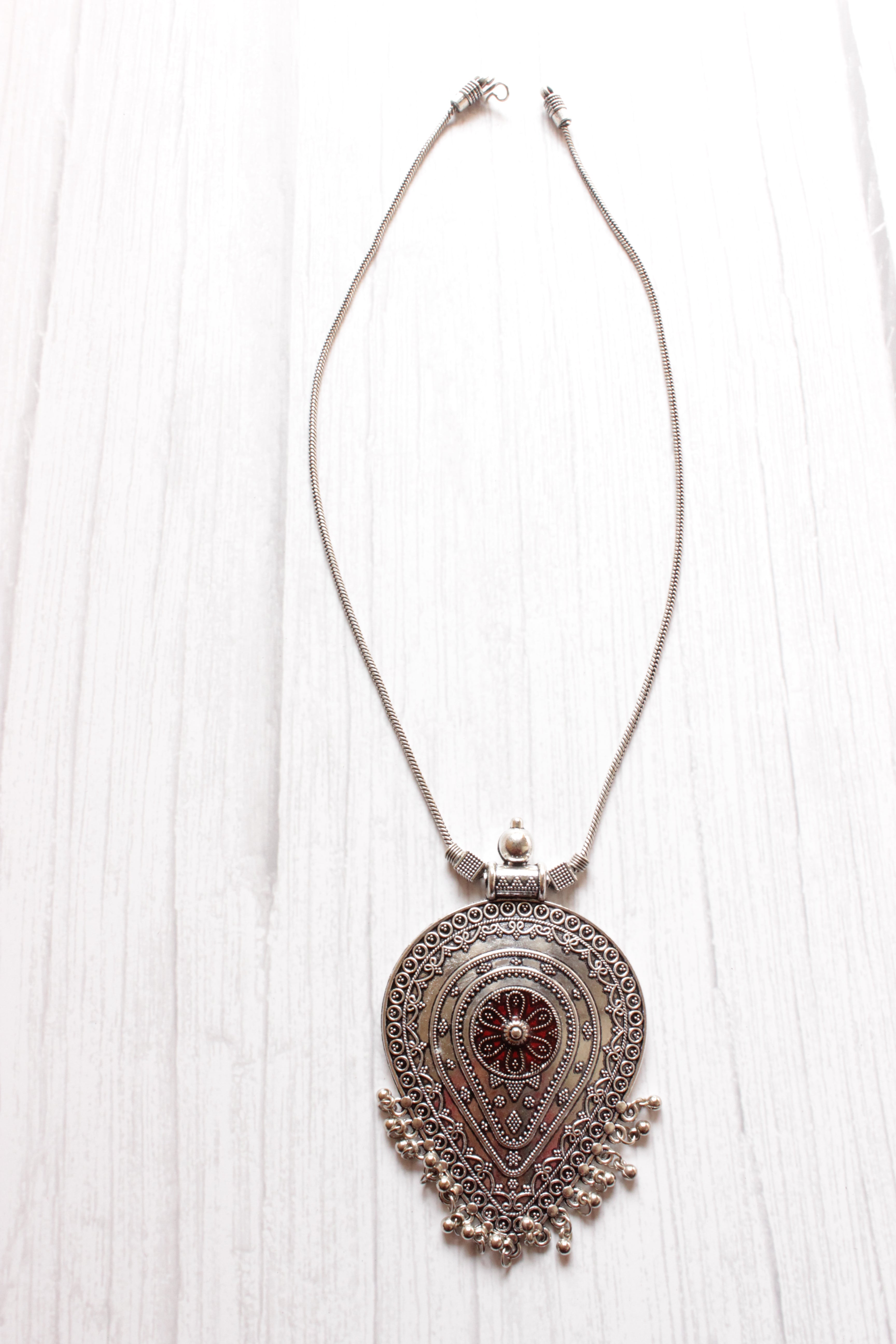 Tear Drop Shape Statement Pendant Silver Finish Necklace