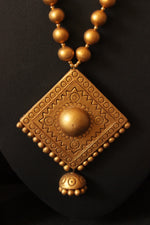 Load image into Gallery viewer, Golden Handcrafted Terracotta Clay Adjustable Length Jhumka Necklace Set

