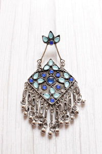 Shades of Blue Rhinestones Embedded Dangler Earrings with Metal Strings