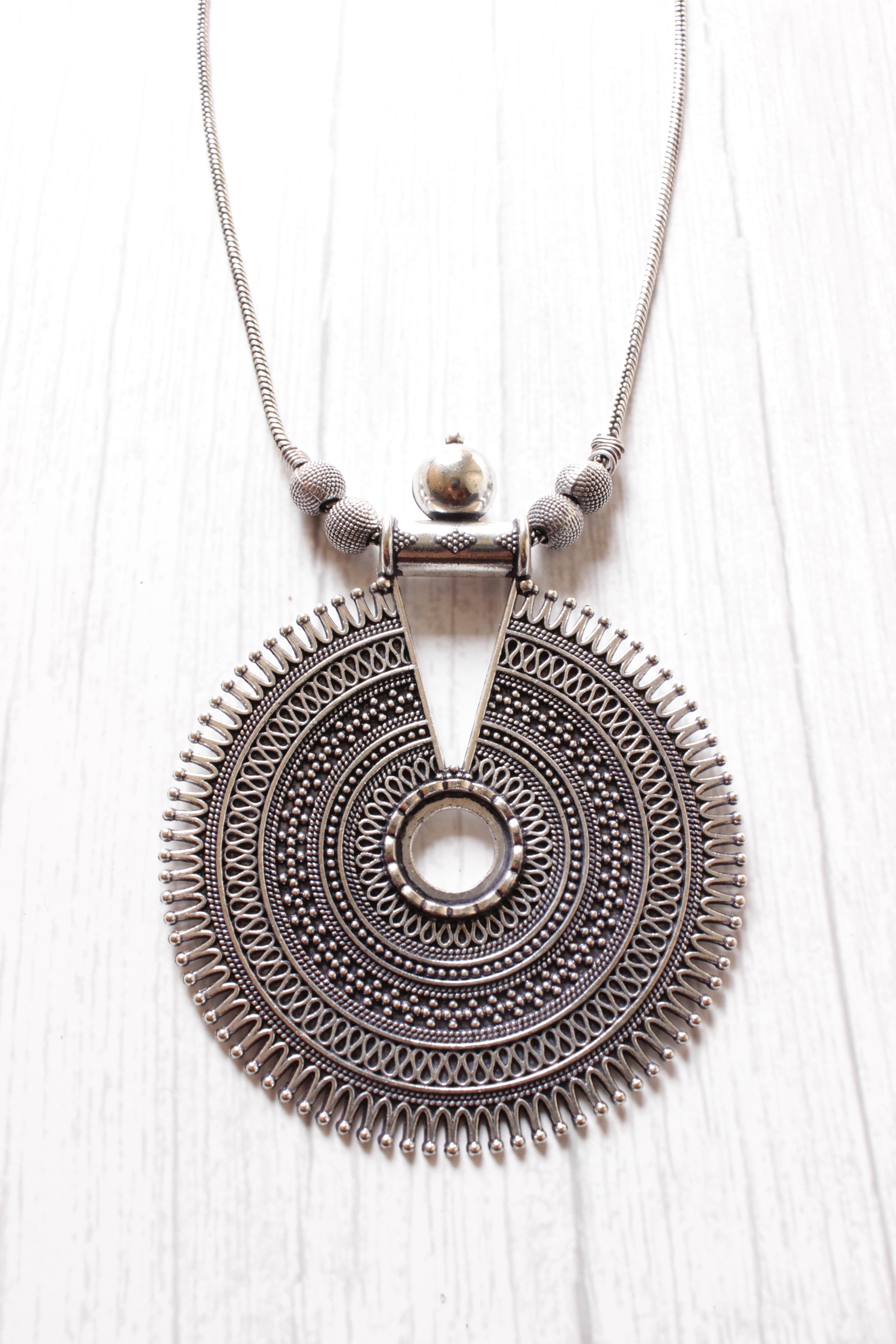 Concentric Circles Statement Pendant Silver Finish Baroque Necklace