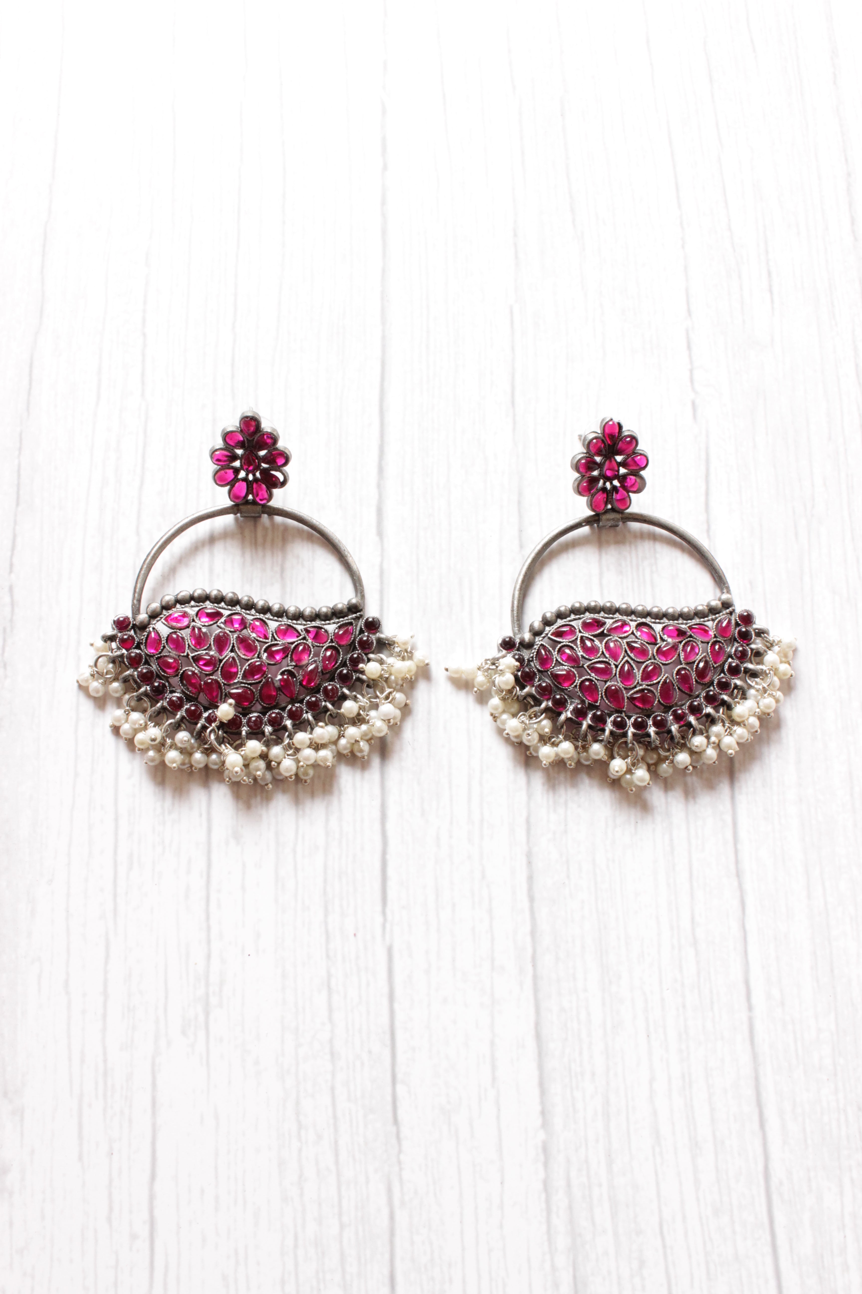 Pink Rhinestones Embedded Circular Dangler Earring with White Beads Detailing