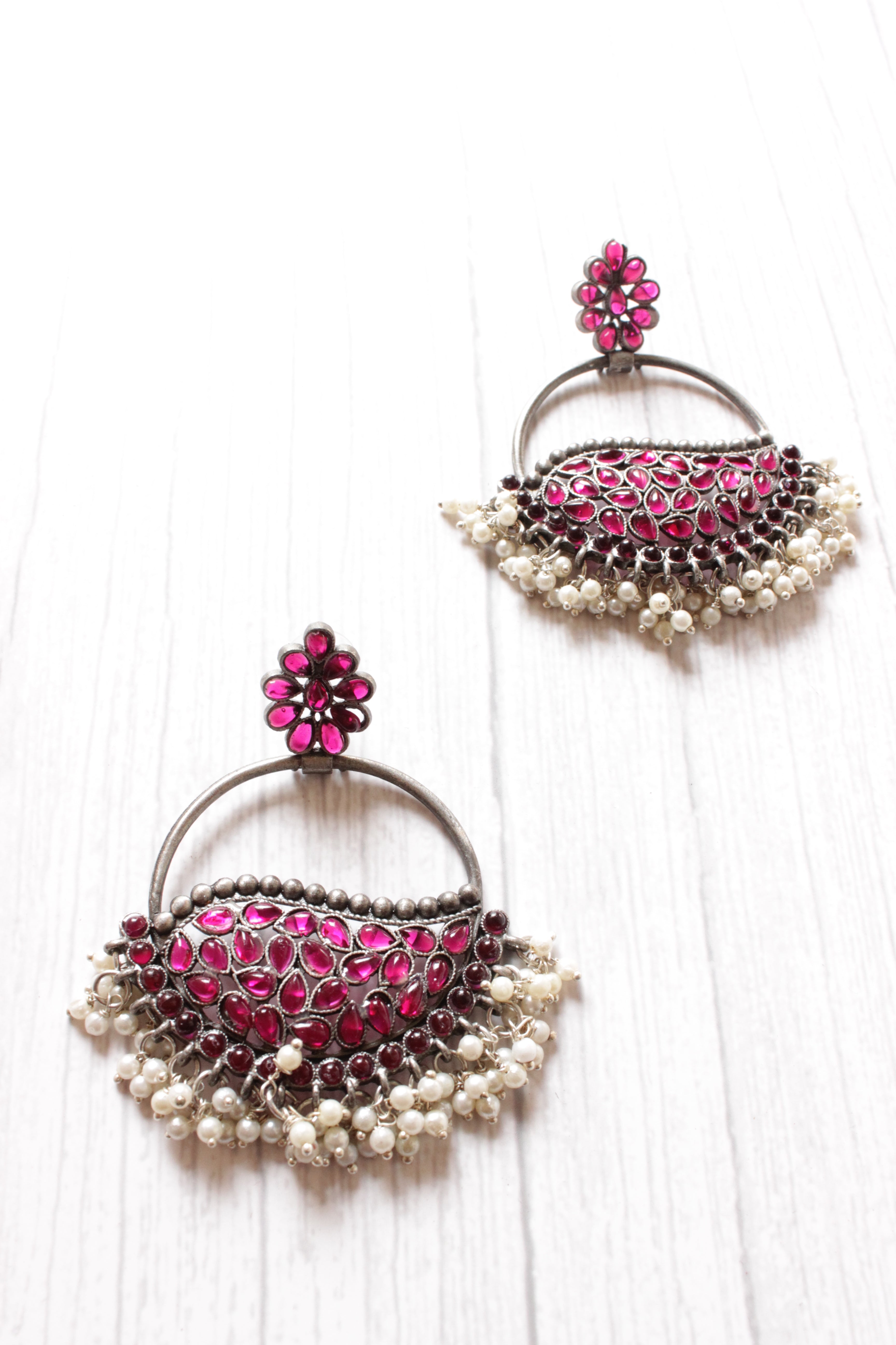 Pink Rhinestones Embedded Circular Dangler Earring with White Beads Detailing