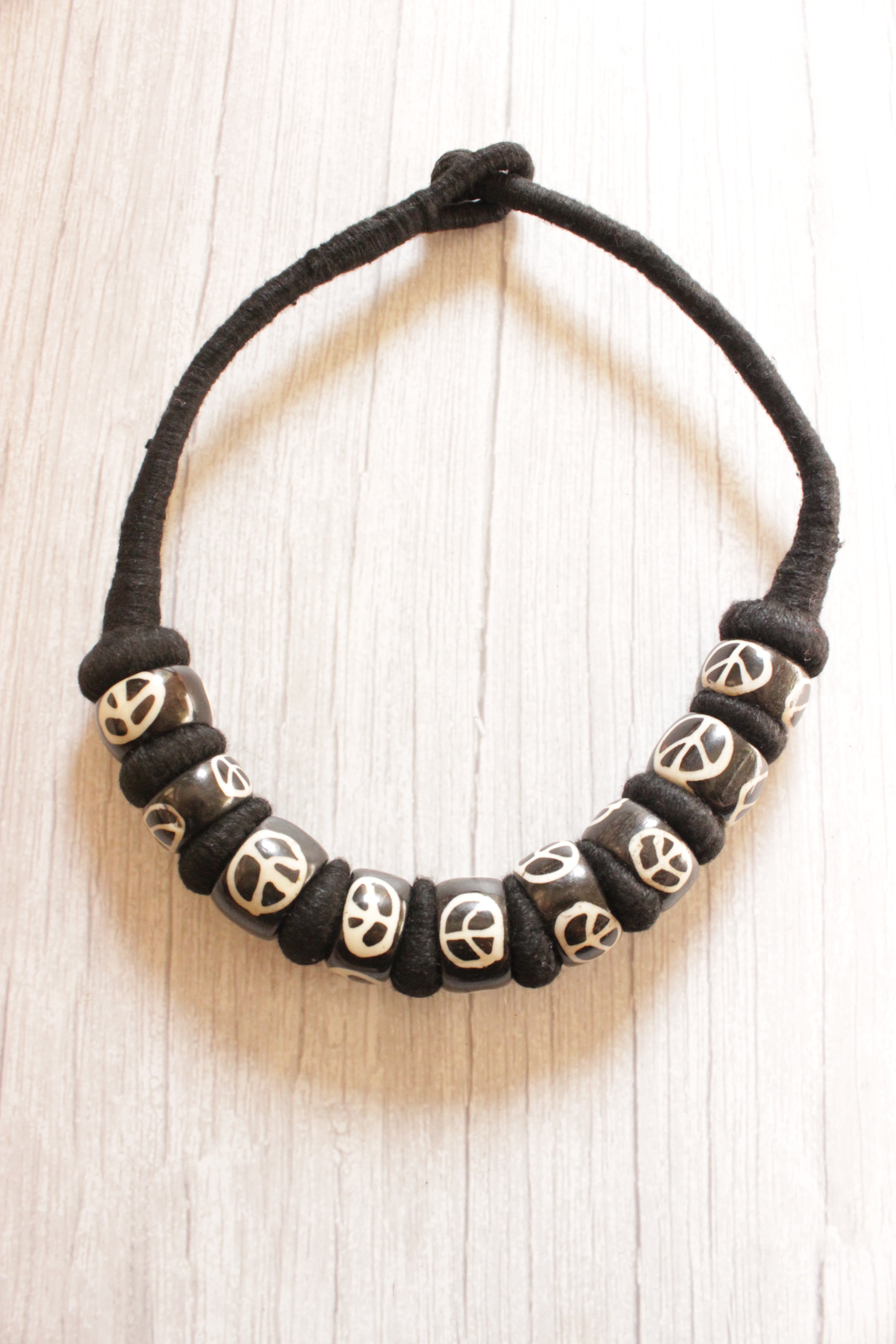Engraved Wooden Beads Woven in a Rope Choker Necklace