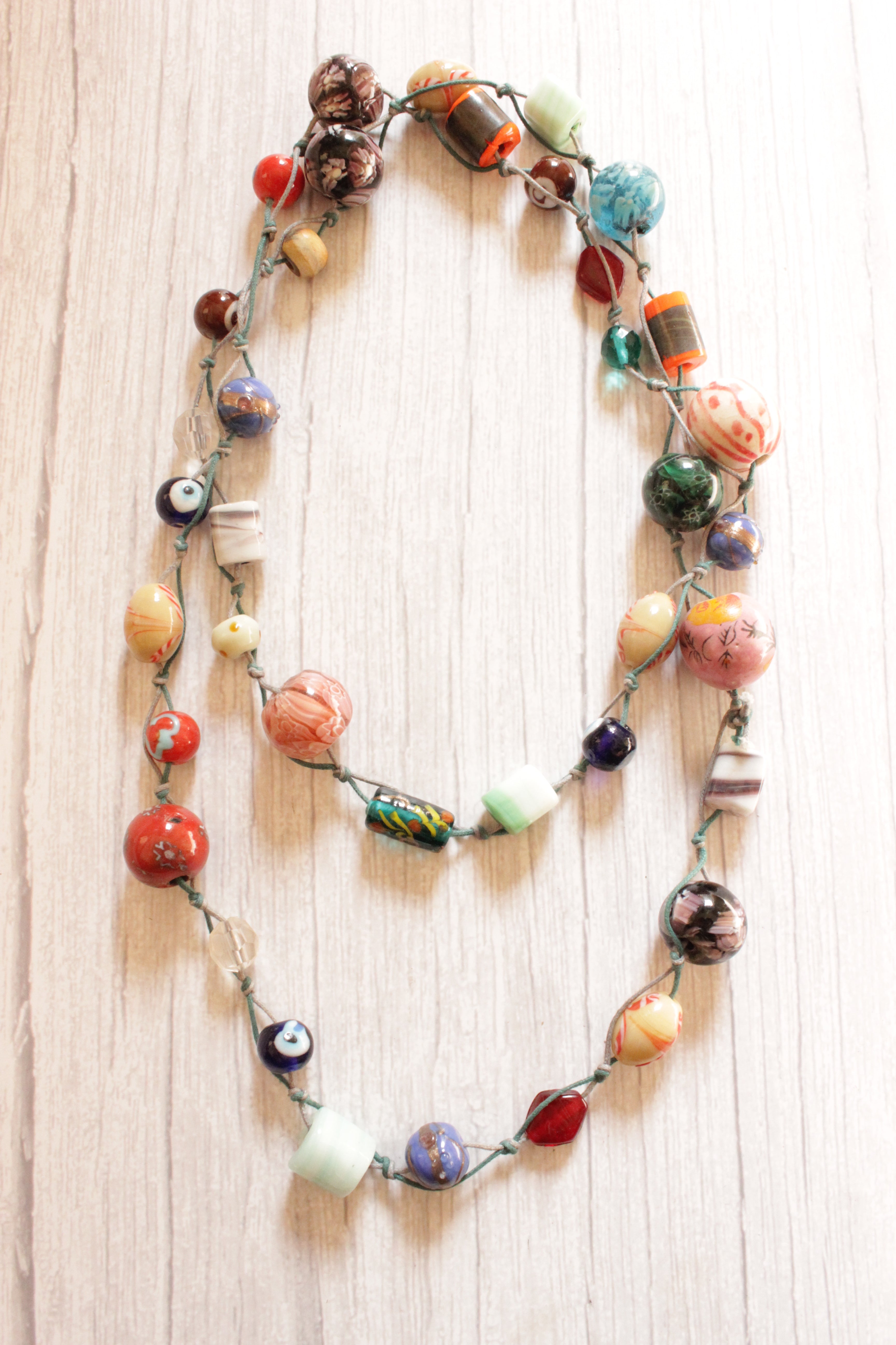 Vibrant Natural Colorful Stones Beaded in a Rope Long Necklace