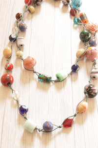 Vibrant Natural Colorful Stones Beaded in a Rope Long Necklace