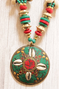 Green and Black Pendant Tibetan Necklace Decorate with Shells and Beads
