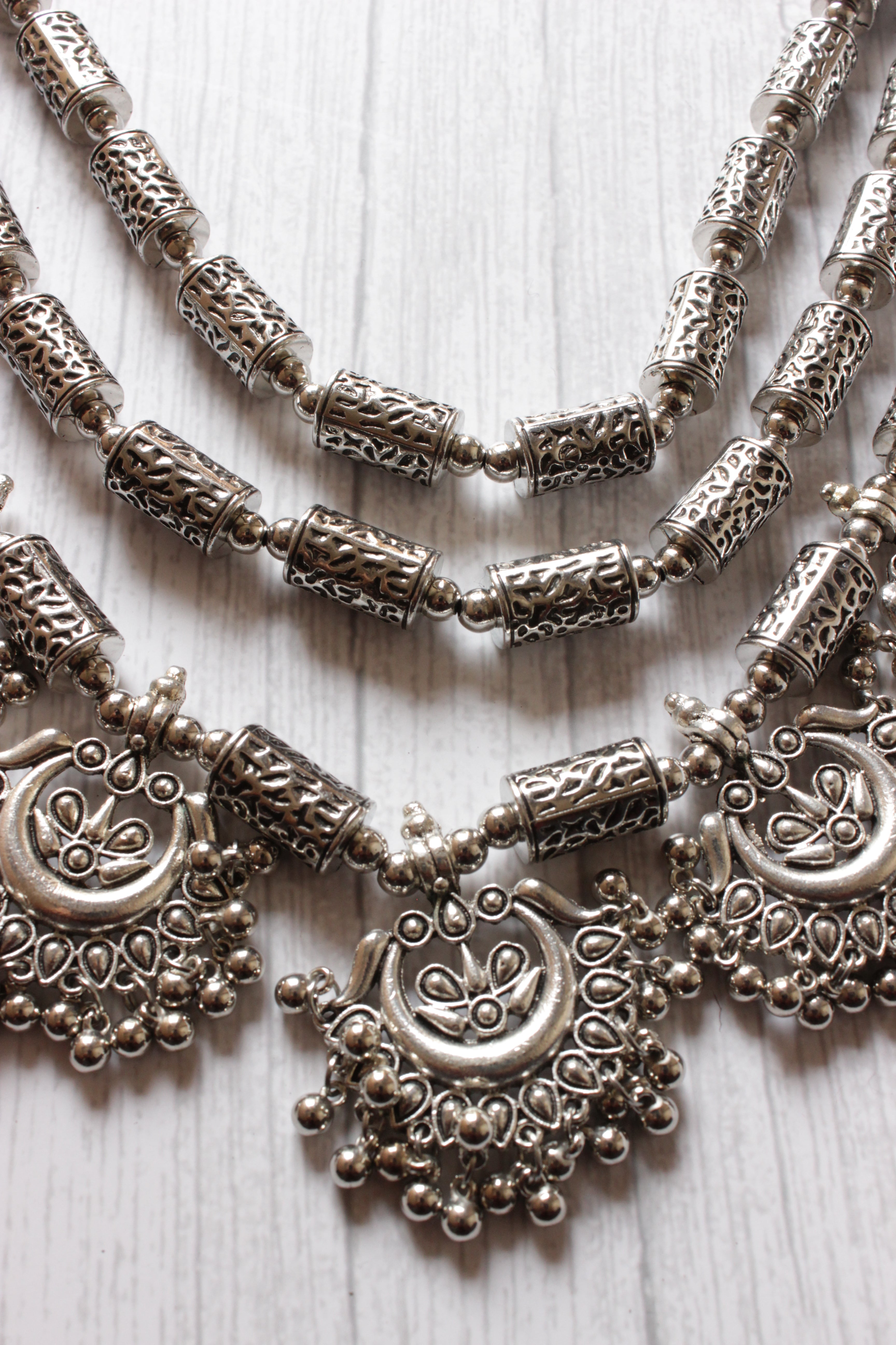 3 Layer Elaborate Silver Finish Metal Necklace Set with Dangler Earrings