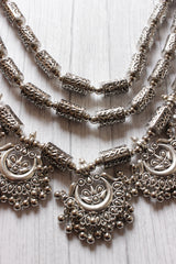 3 Layer Elaborate Silver Finish Metal Necklace Set with Dangler Earrings