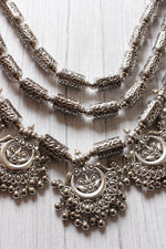 Load image into Gallery viewer, 3 Layer Elaborate Silver Finish Metal Necklace Set with Dangler Earrings

