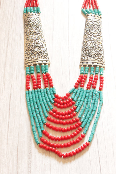 Turquoise and Red Beads Hand Beaded Statement African Tribal Collar Necklace