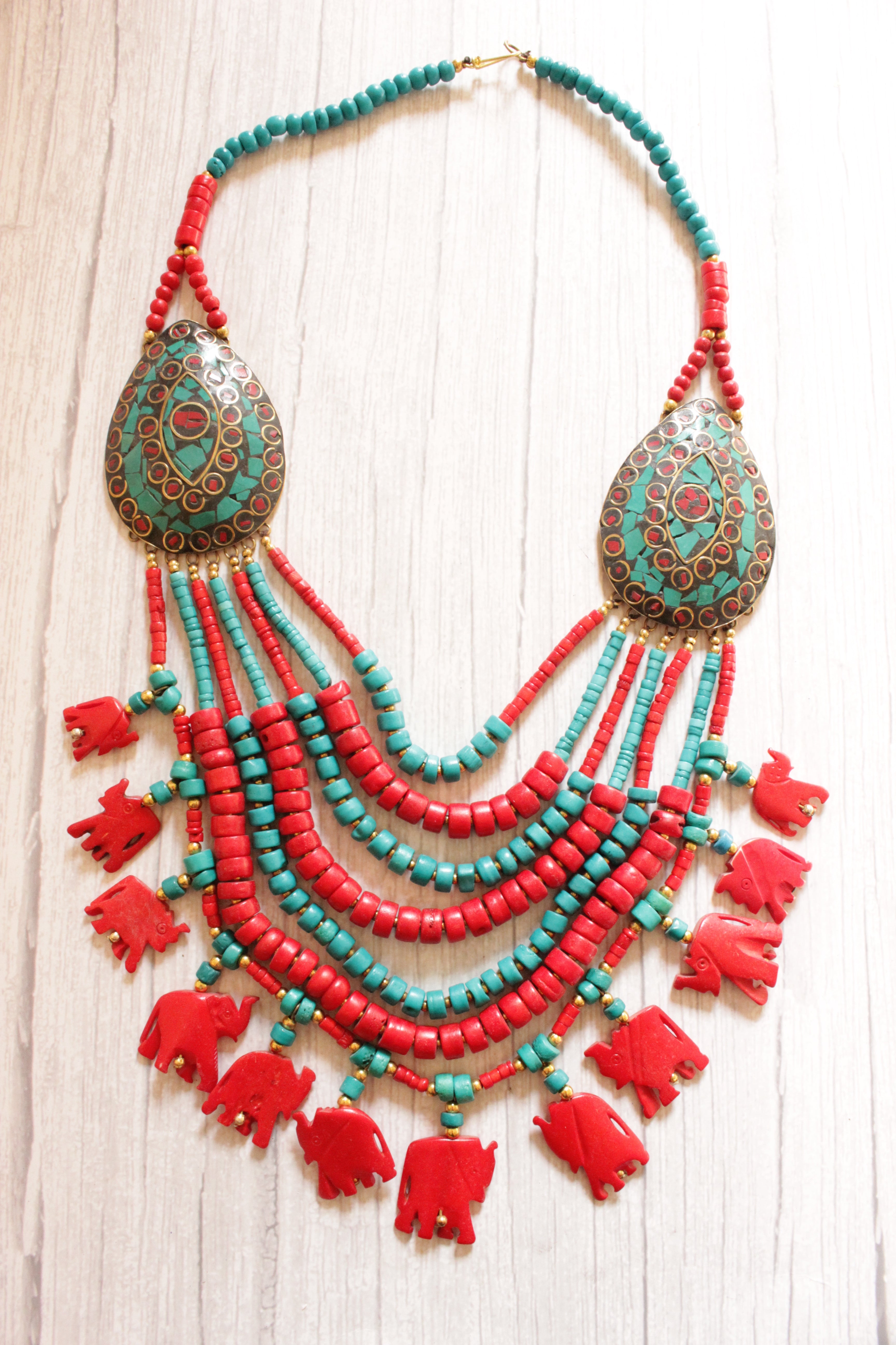 Turquoise and Red Beads Hand Beaded Statement African Tribal Necklace with Elephant Charms