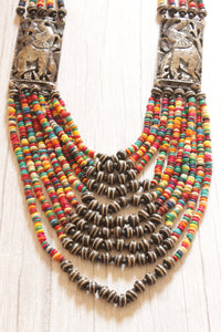 Multi-Color Acrylic and Wooden Beads Hand Beaded Statement Tribal Necklace with Elephant Motif
