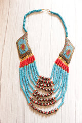 Turquoise & Red Acrylic  Beads and Wooden Beads Hand Beaded Statement Tibetan Necklace