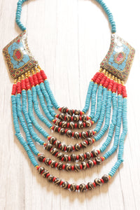 Turquoise & Red Acrylic  Beads and Wooden Beads Hand Beaded Statement Tibetan Necklace