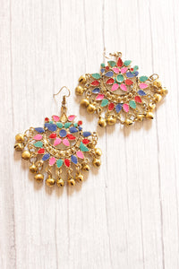 Multi-Color Acrylic Work Gold Finish Afghani Earrings Embellished with Ghungroo Beads