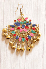 Multi-Color Acrylic Work Gold Finish Afghani Earrings Embellished with Ghungroo Beads
