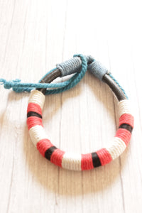 Red, White and Black Jute Threads Hand Woven Leather Bracelet