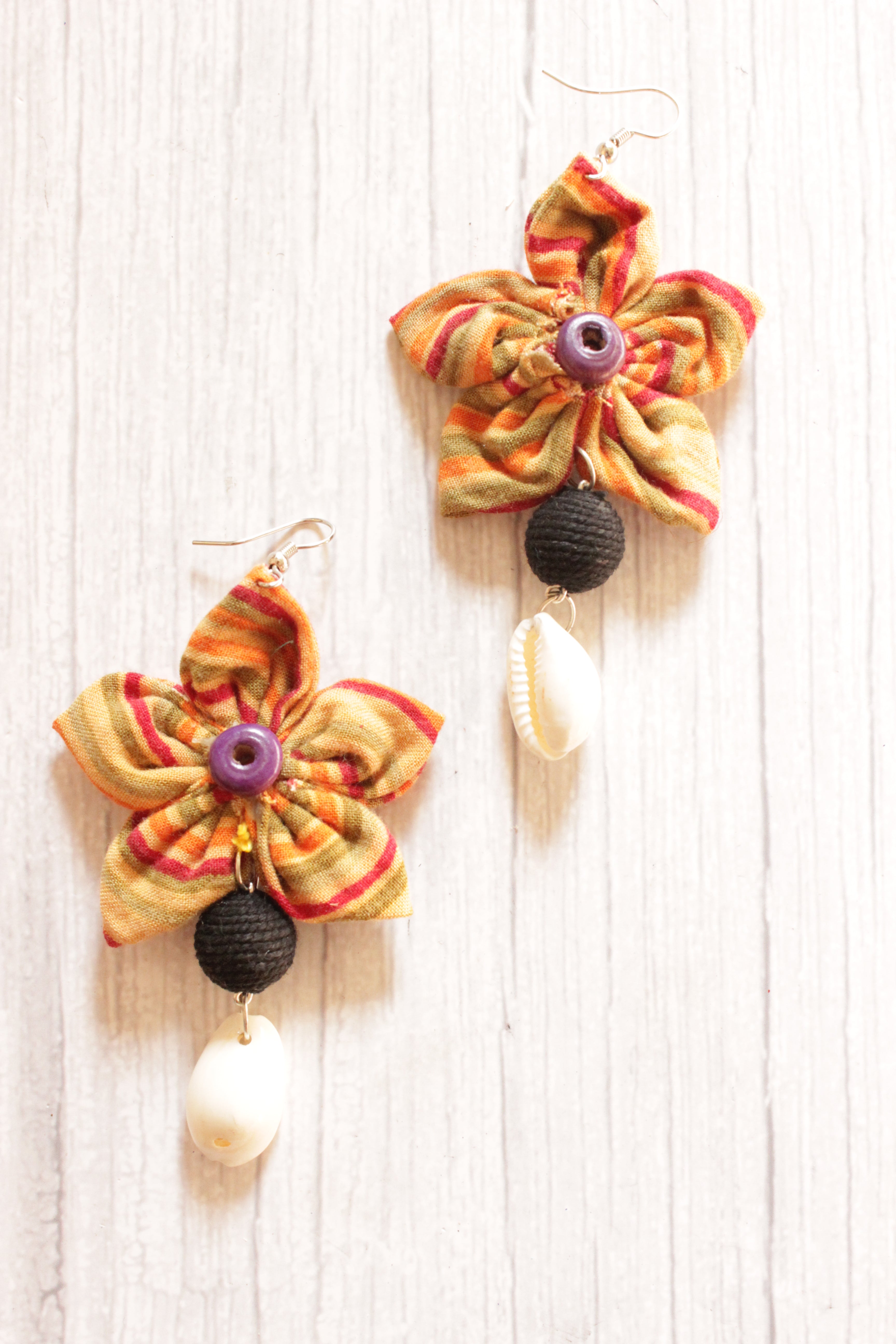 Handmade Fabric Flower Earrings Accentuated with Shells