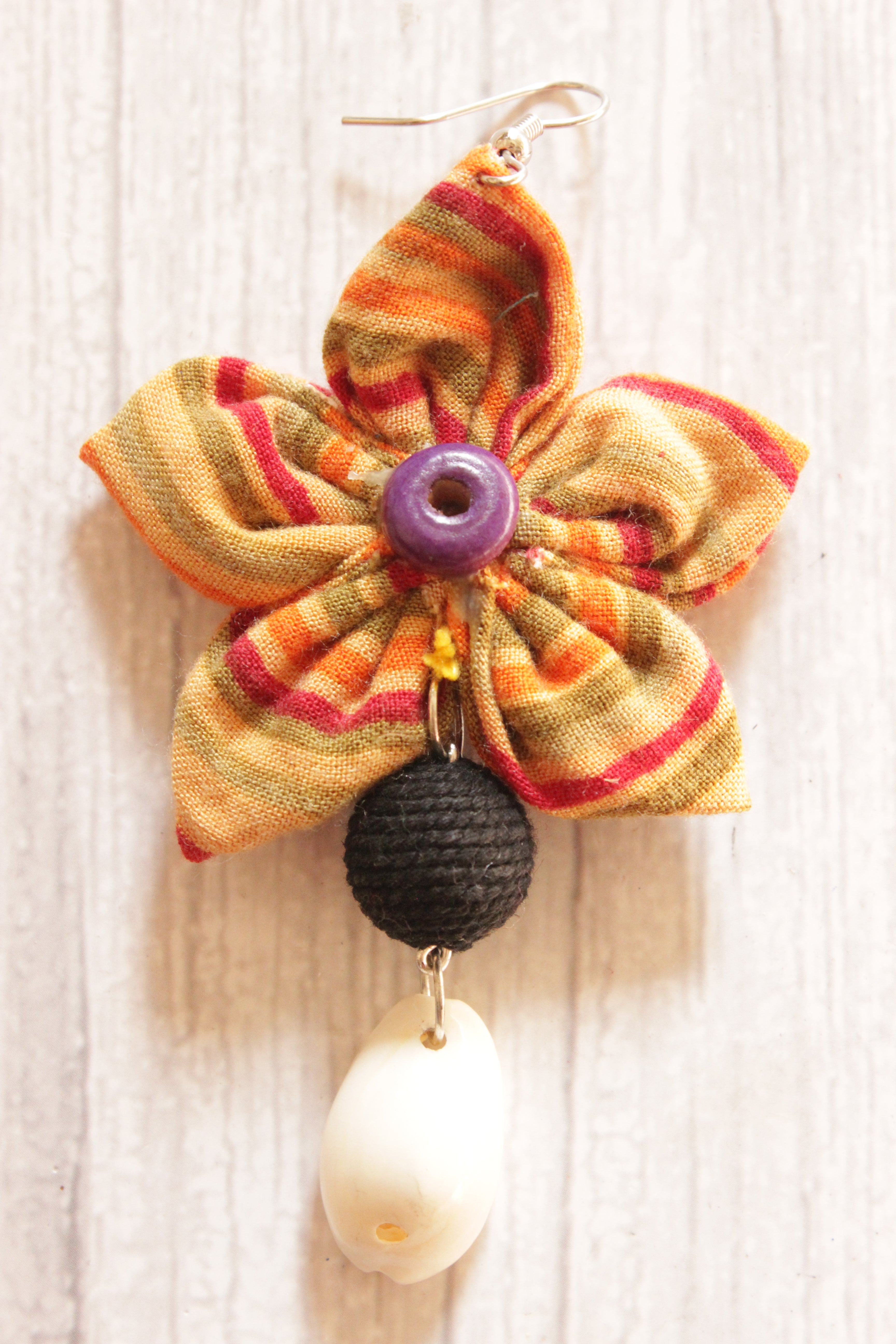 Handmade Fabric Flower Earrings Accentuated with Shells