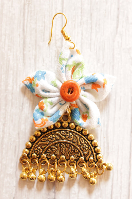 Handmade Fabric Flower Earrings Accentuated with Antique Gold Finish Dome Shaped Embellishment