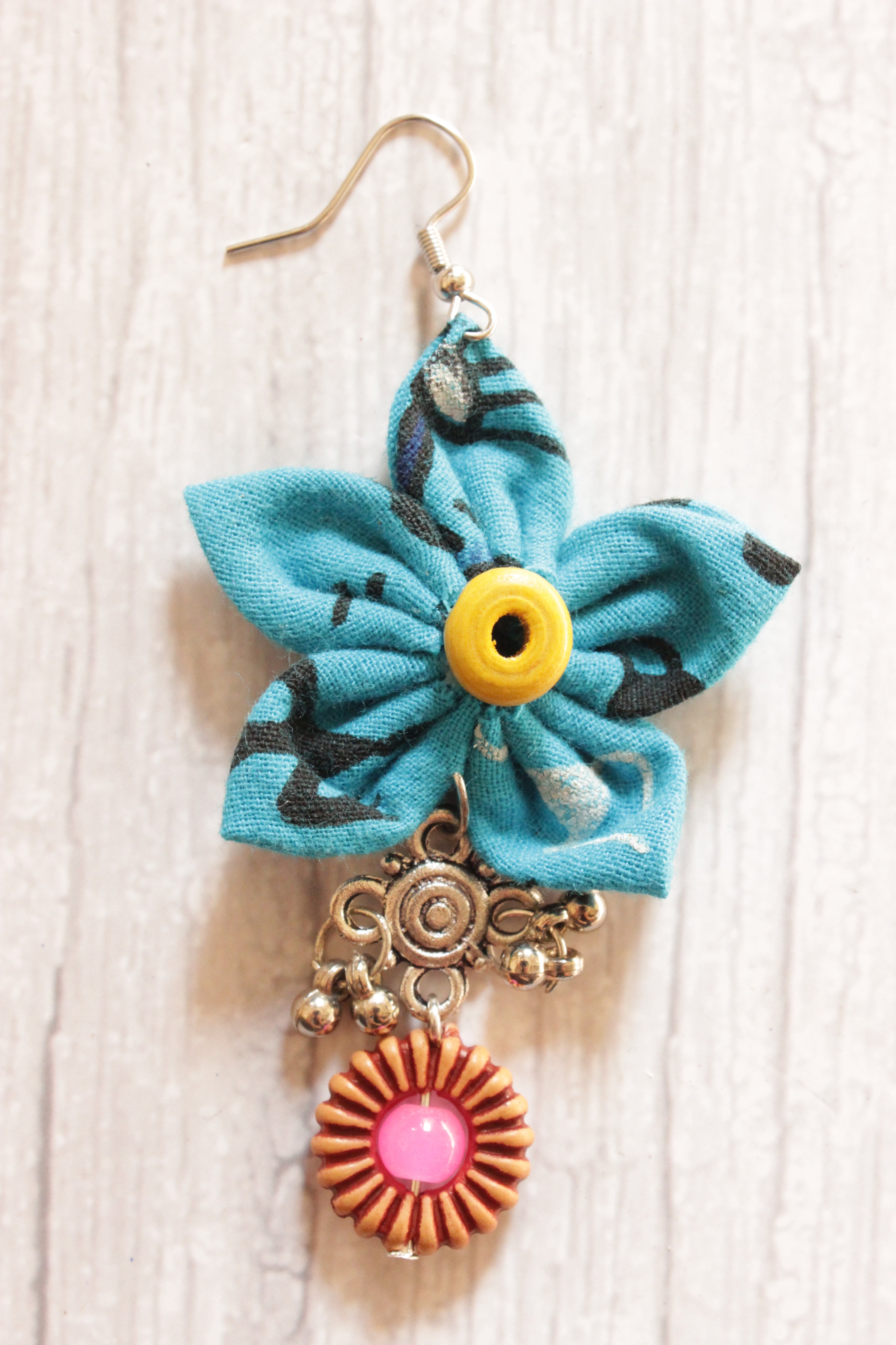 Handmade Turquoise Fabric Flower Earrings Accentuated with Wooden Flower Embellishment