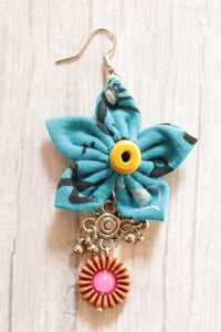 Handmade Turquoise Fabric Flower Earrings Accentuated with Wooden Flower Embellishment