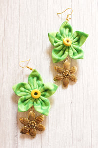 Handmade Green Fabric Flower Earrings with Antique Gold Finish Flower Accent