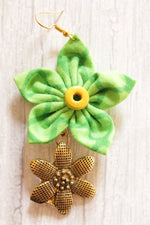 Load image into Gallery viewer, Handmade Green Fabric Flower Earrings with Antique Gold Finish Flower Accent
