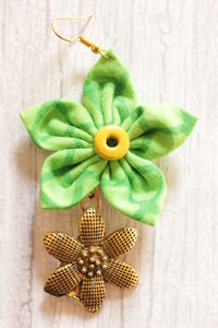 Handmade Green Fabric Flower Earrings with Antique Gold Finish Flower Accent