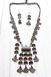 Red & Green Glass Stones Embedded Leaf Motif Oxidised Finish Necklace Set