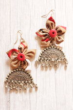 Load image into Gallery viewer, Brown &amp; Red Handmade Fabric Flower Earrings with Dome Shaped Metal Accent

